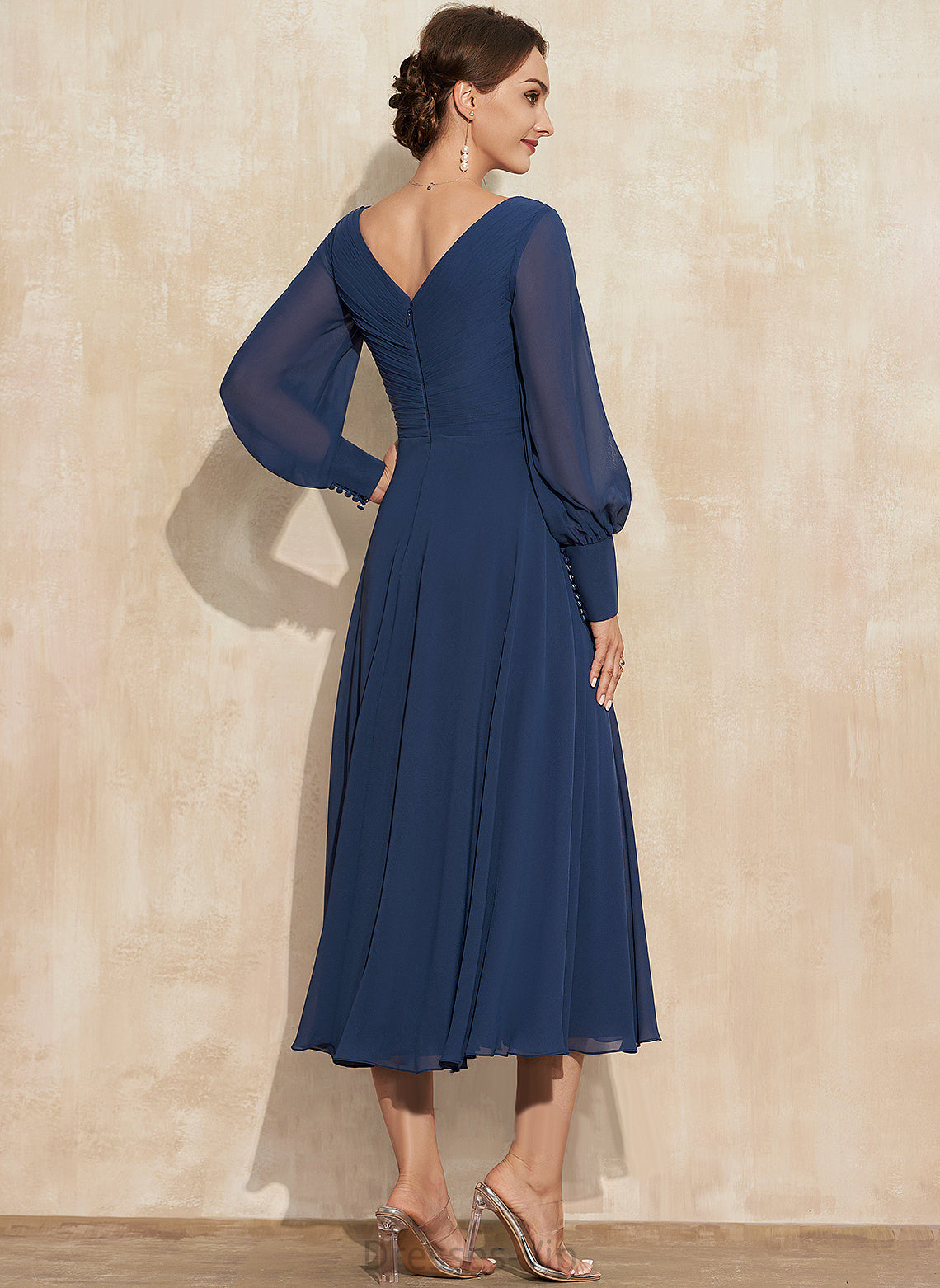 Ruffle Dress Cocktail A-Line Alayna Tea-Length Cocktail Dresses V-neck Chiffon With