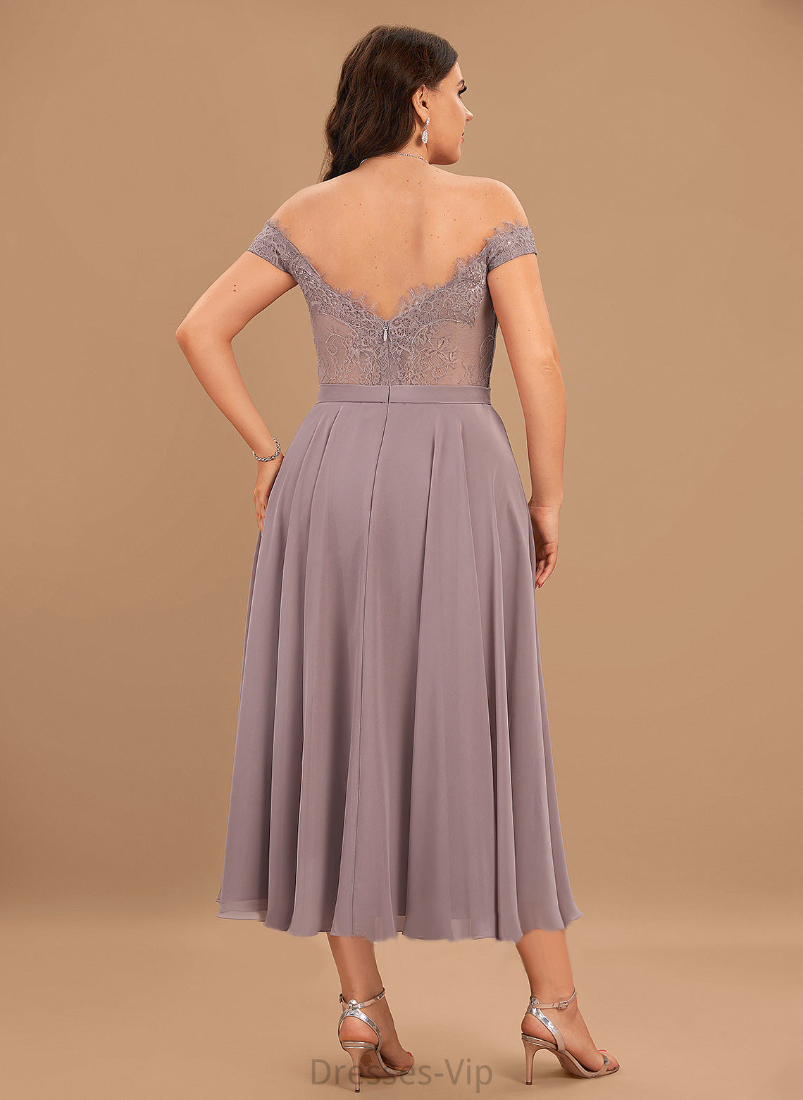 Lace A-Line Fernanda Chiffon Dress Tea-Length Cocktail Dresses Cocktail Beading With Off-the-Shoulder