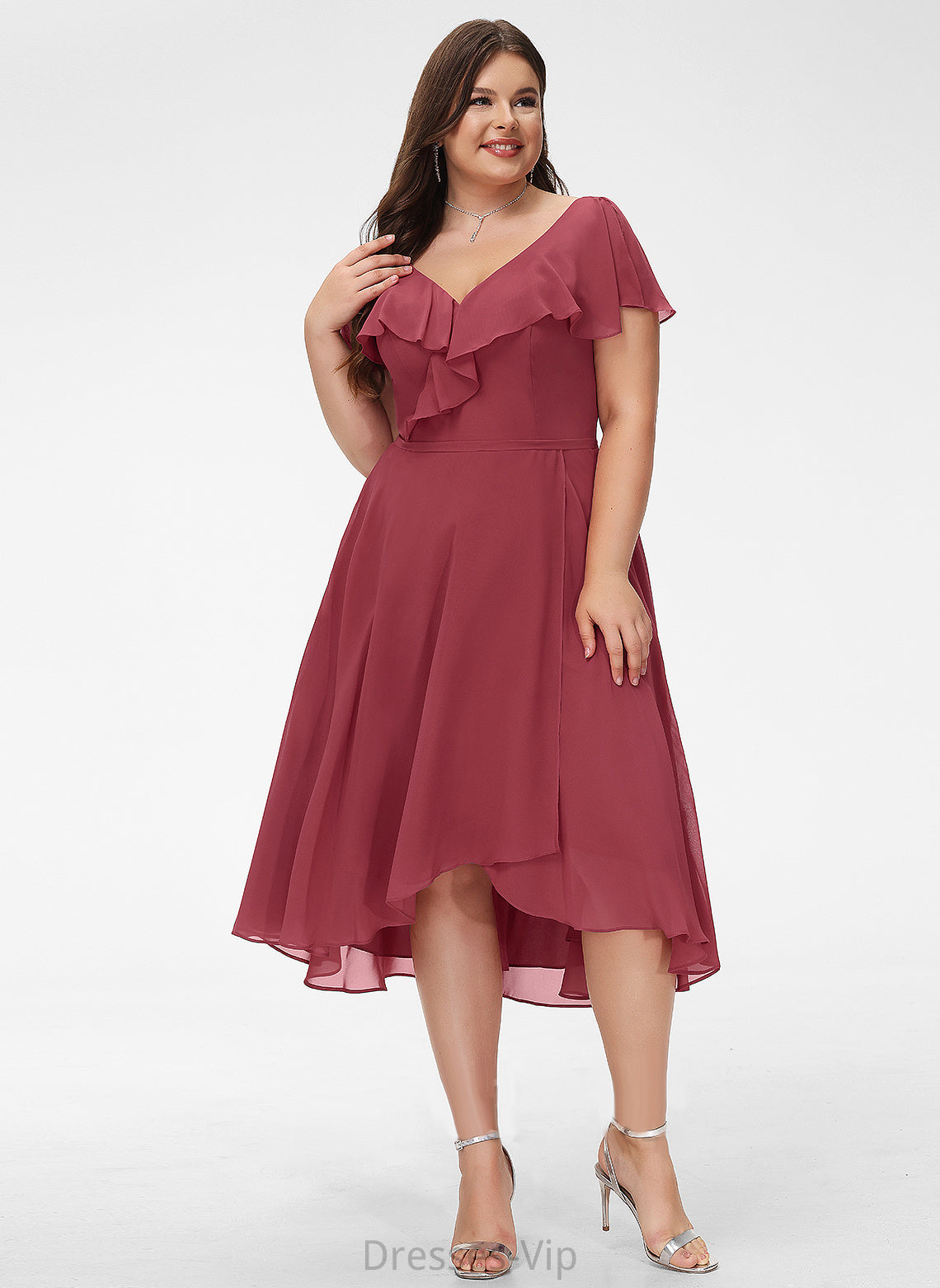 Chiffon Dress Lana With Asymmetrical A-Line Ruffle Cocktail V-neck Cocktail Dresses