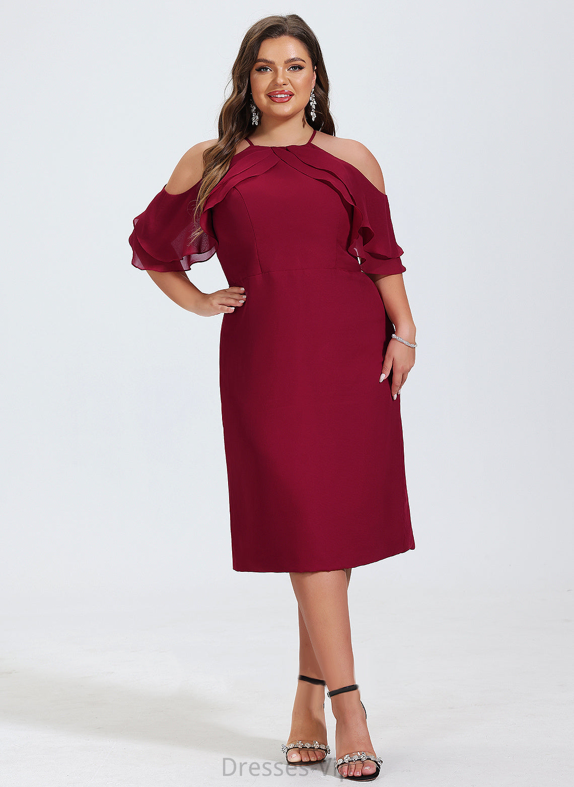 Evangeline Cascading Knee-Length Ruffles Cocktail With Chiffon Cocktail Dresses Dress Square Sheath/Column Neckline