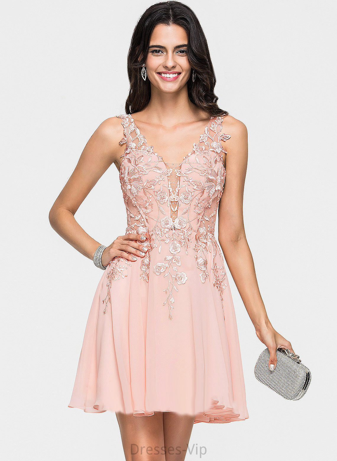 Dress With A-Line Tabitha Homecoming Dresses V-neck Beading Chiffon Lace Short/Mini Homecoming