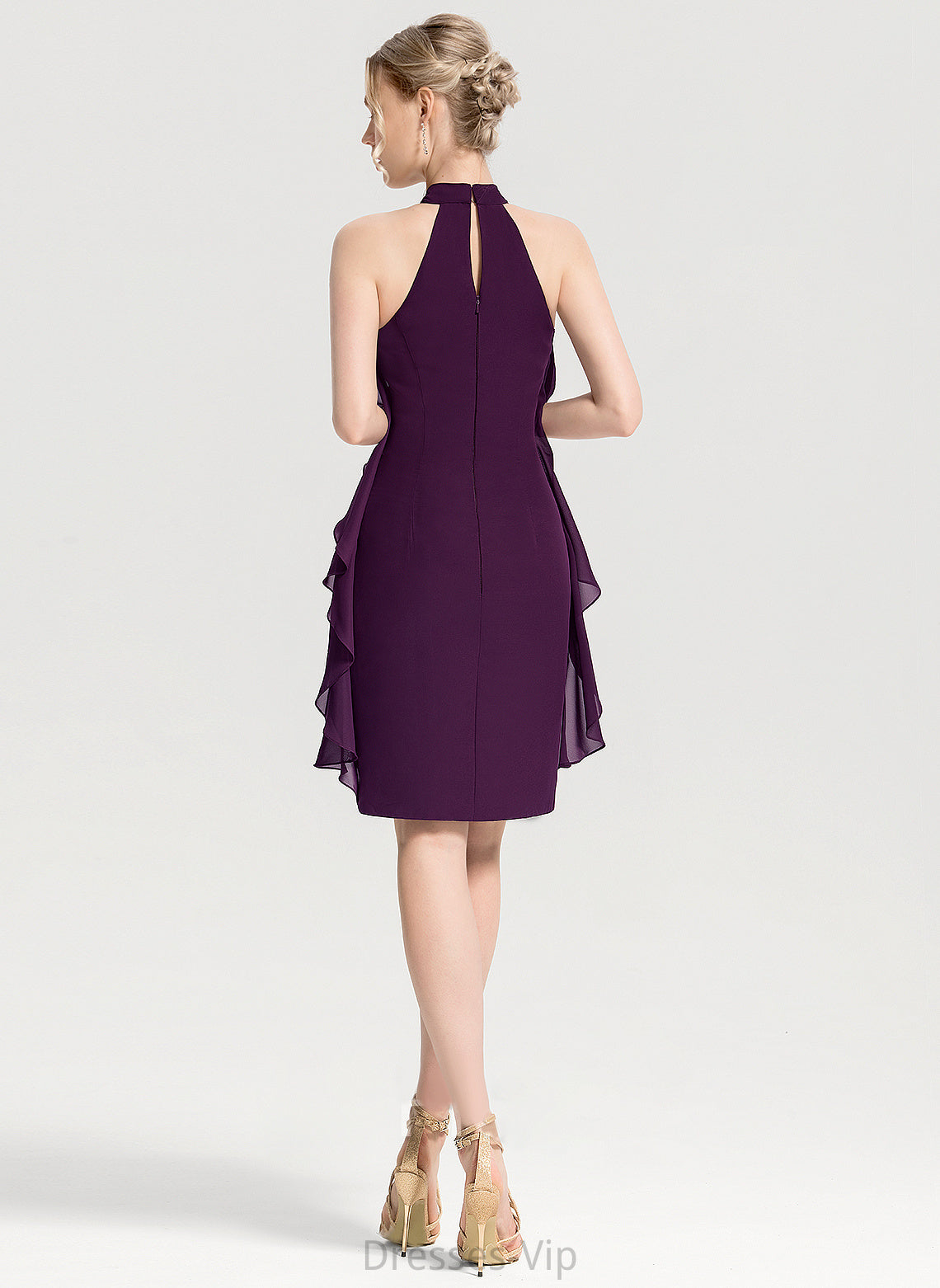 Scoop Cocktail With Cascading Elizabeth Neck Sheath/Column Chiffon Ruffles Cocktail Dresses Knee-Length Dress