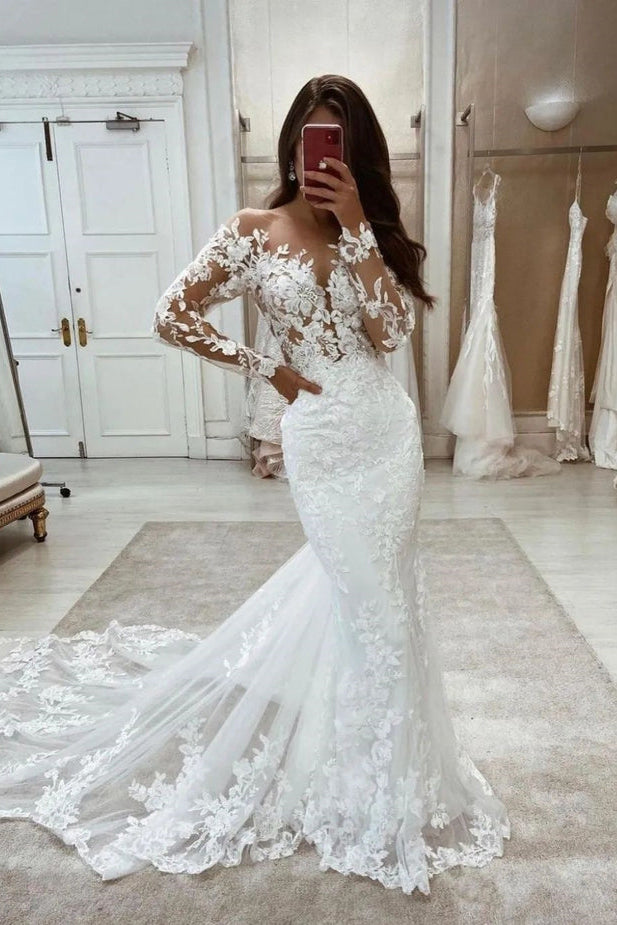 Charming Long Sleeves Lace Appliques Mermaid Wedding Dresses