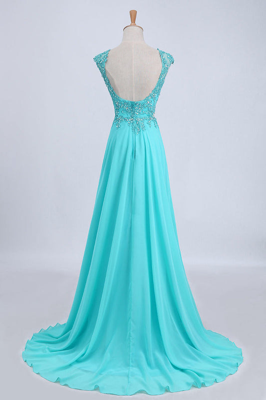 2024 Two Pieces Prom Dresses Bateau Backless A Line Chiffon Sweep Train With Slit