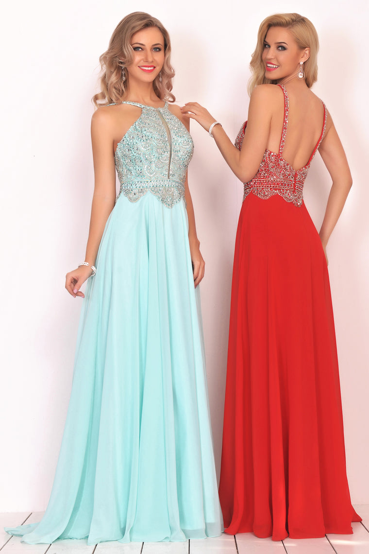 2024 A Line Chiffon Spaghetti Straps Prom Dresses With Beading Floor Length