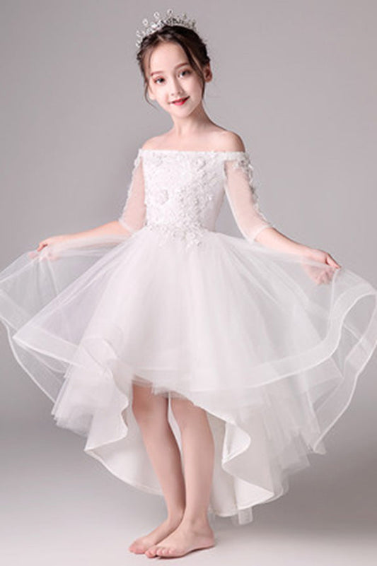 Cute Off The Shoulder High Low Half Sleeves Tulle Flower Girl Dresses