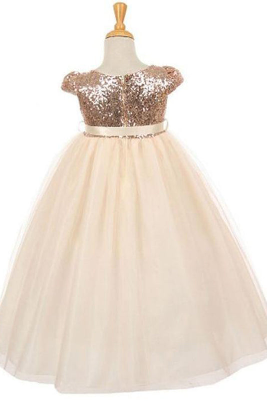 Short Sleeves Round Neck Tulle With Sequins Flower Girl Dresses