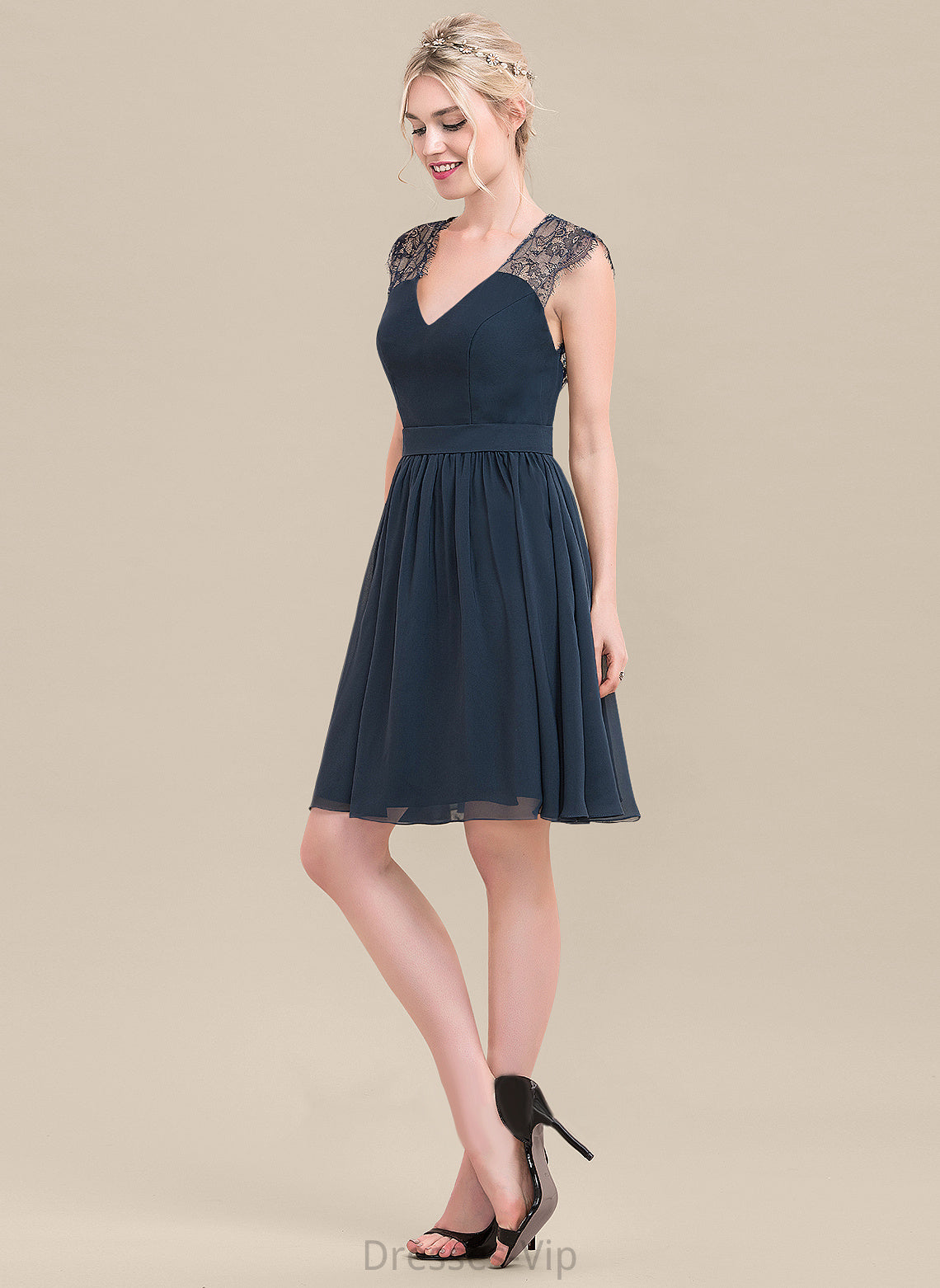 Dress Cocktail Knee-Length Kara Lace Chiffon A-Line V-neck Cocktail Dresses