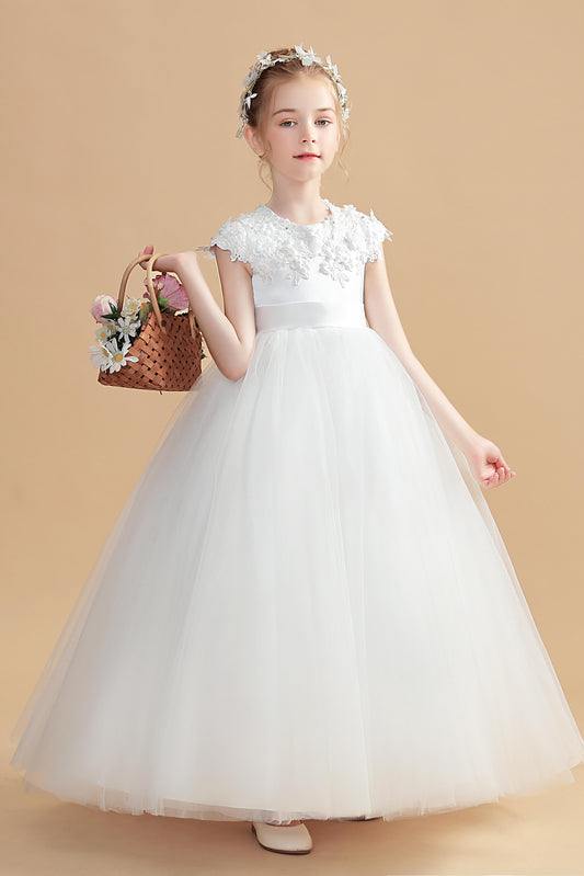 Round Neck Satin Short Sleeves Flower Girl Dresses With Lace Appliques