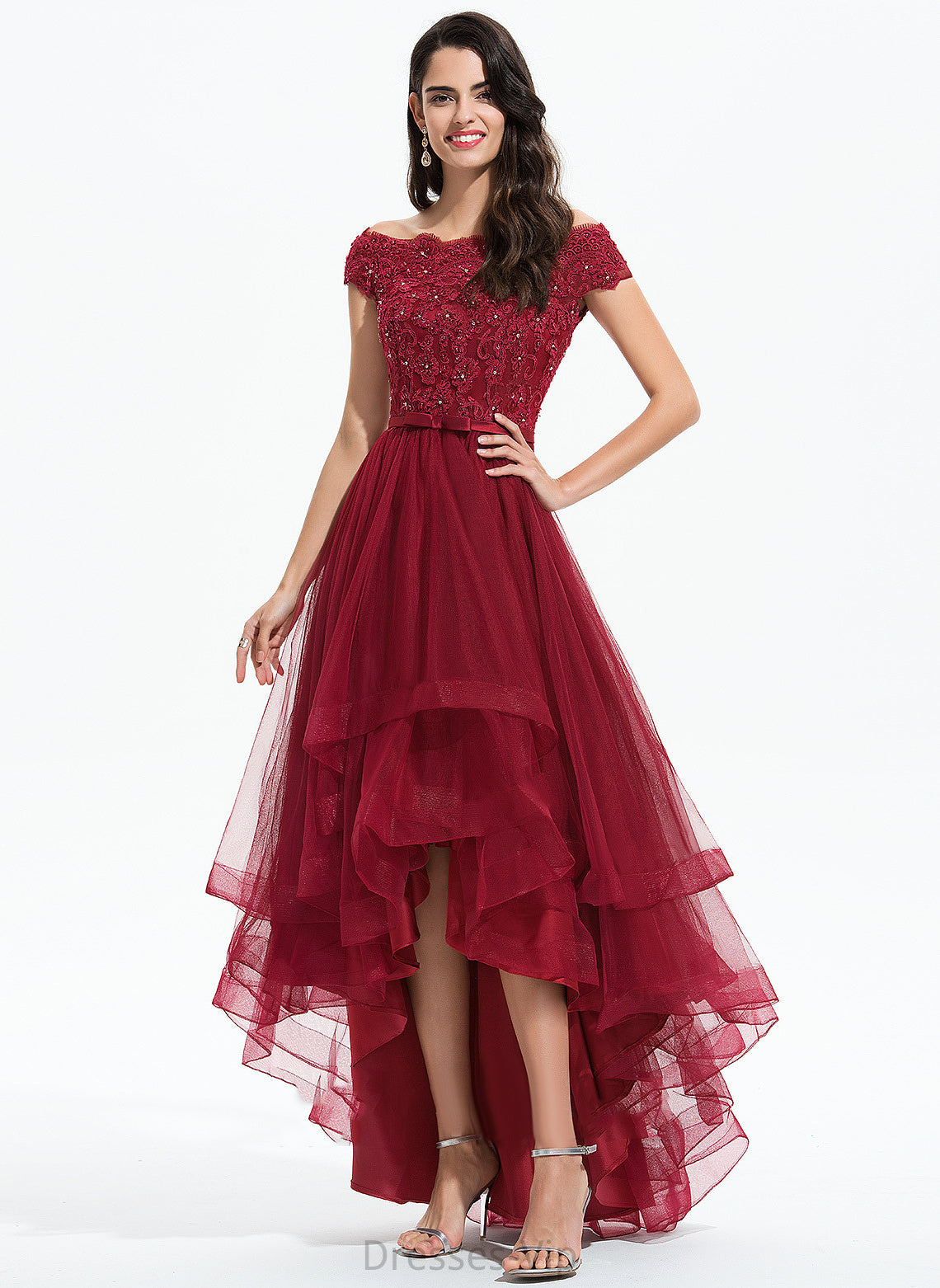 Brylee Off-the-Shoulder Lace Tulle Asymmetrical Bow(s) Beading Dress With Cocktail A-Line Lace Cocktail Dresses