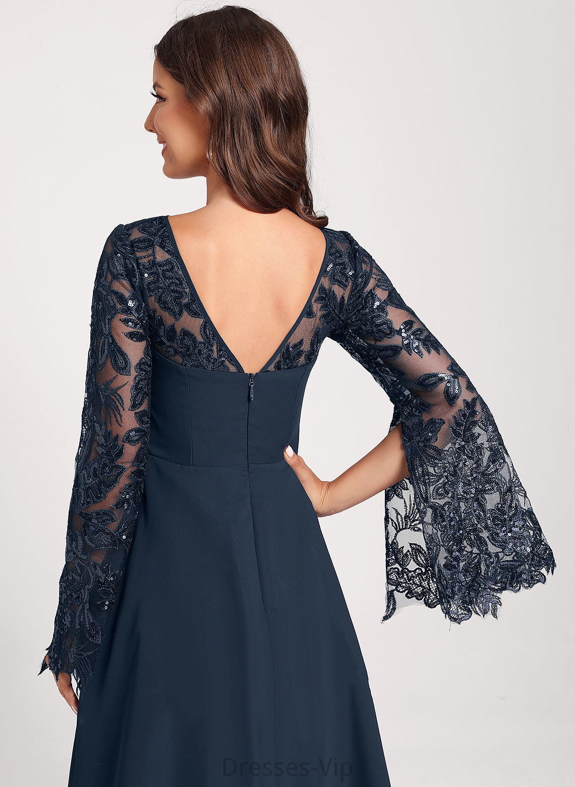 Knee-Length Sequins Lace Cocktail Scoop Dress Lila Club Dresses Neck With A-Line Chiffon