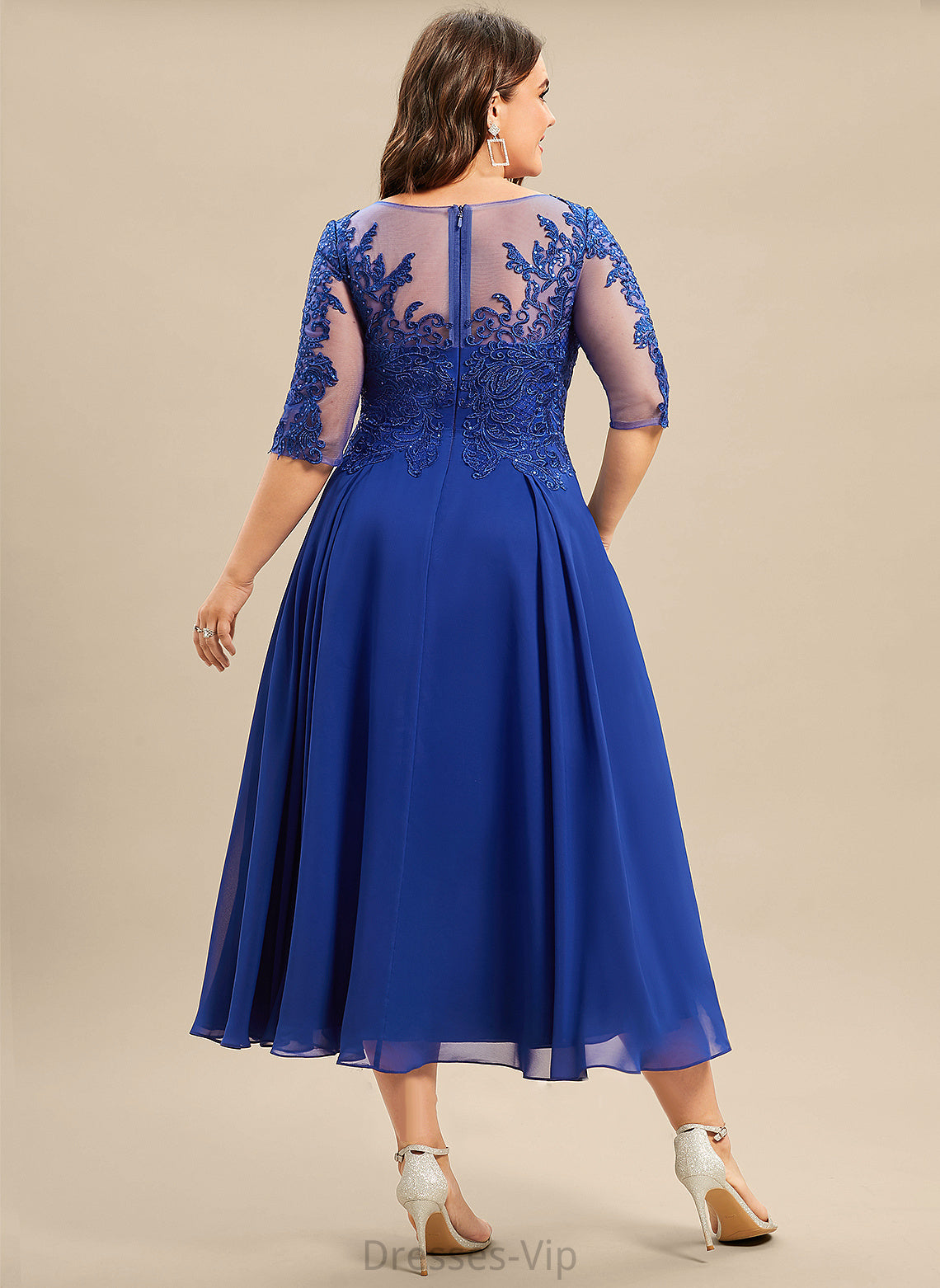 Tea-Length Dress Lace With Neck Cocktail Cocktail Dresses Sequins Scoop Aliana Chiffon A-Line