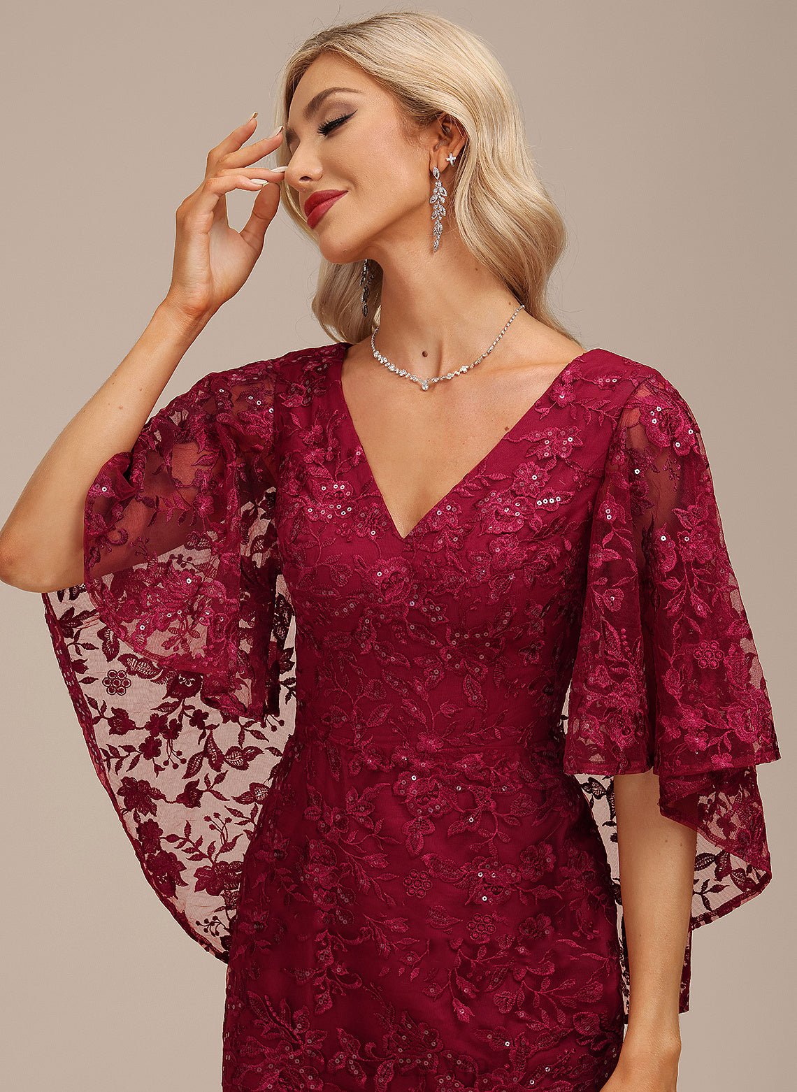 Dress V-neck Sheath/Column Lace With Cocktail Cocktail Dresses Cecilia Tea-Length Sequins