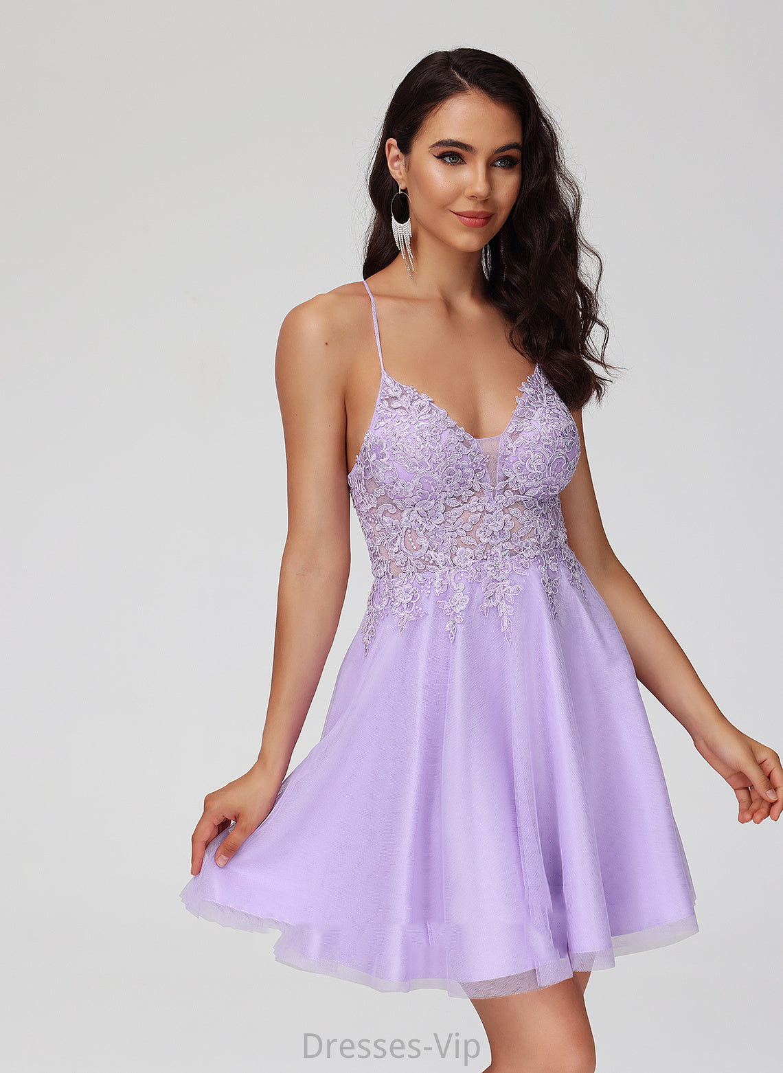 Lace Ginny Tulle A-Line Dress Short/Mini Homecoming Dresses V-neck With Homecoming Beading