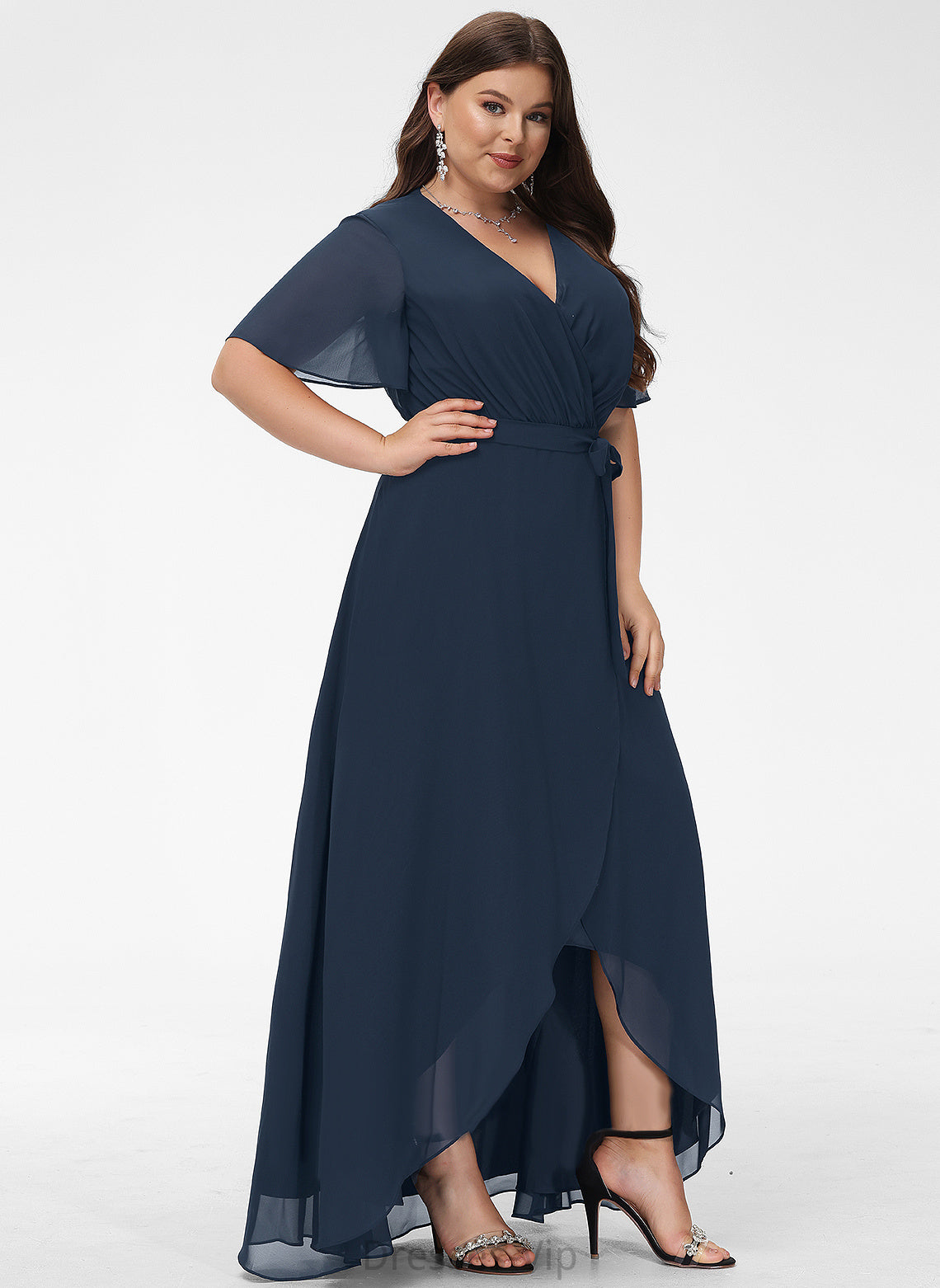 Bow(s) Asymmetrical With Dress Chiffon V-neck A-Line Lana Cocktail Cocktail Dresses