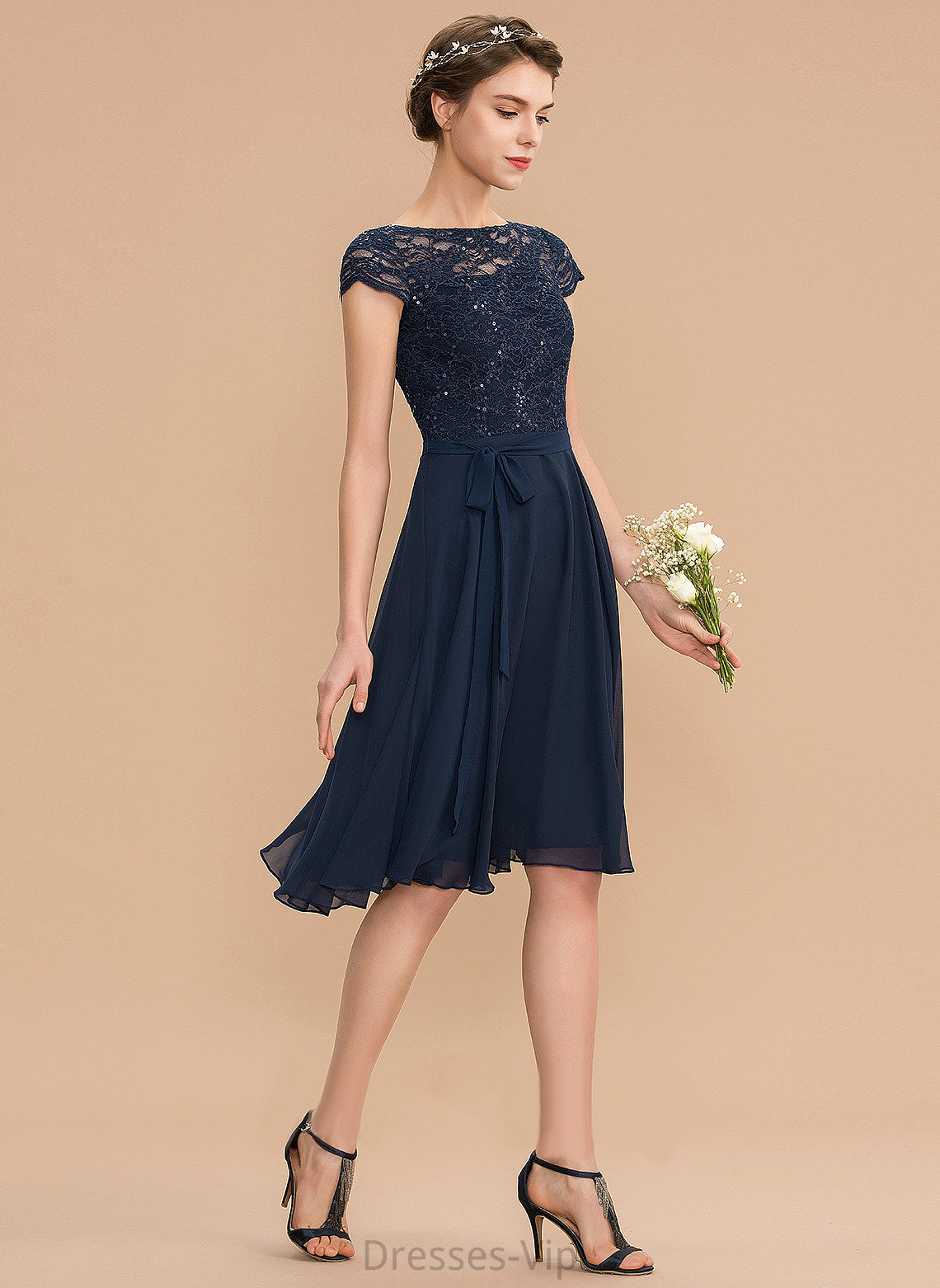 With A-Line Dress Knee-Length Neck Mila Homecoming Lace Homecoming Dresses Scoop Bow(s) Chiffon