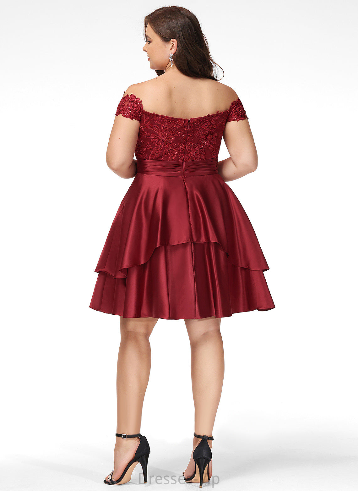 Ivy With Knee-Length Sequins A-Line Satin Cocktail Lace Off-the-Shoulder Dress Cocktail Dresses