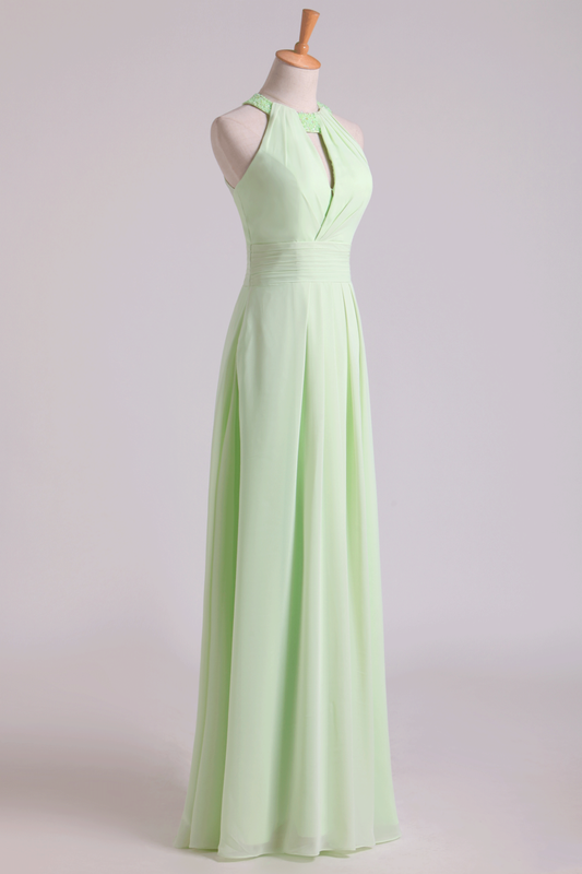 2024 Sexy Scoop A Line Bridesmaid Dresses Chiffon With Beads Sage