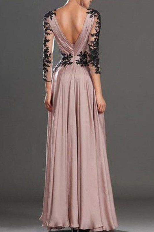 2024 A-Line/Princess Long Sleeves V-Neck Chiffon Applique Floor-Length Dresses Evening Dress