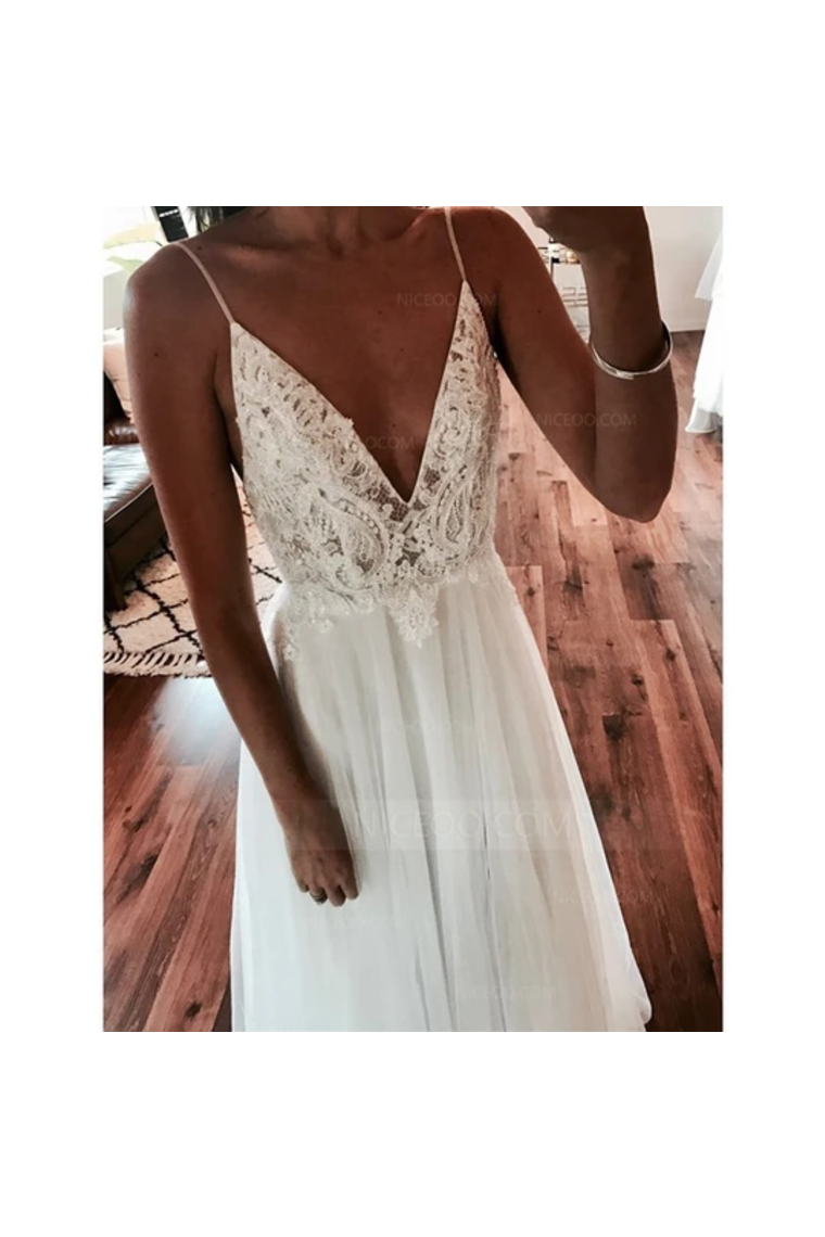 Flowy Spaghetti Straps Ivory Lace Tulle Long V-Neck Beach Wedding Dresses