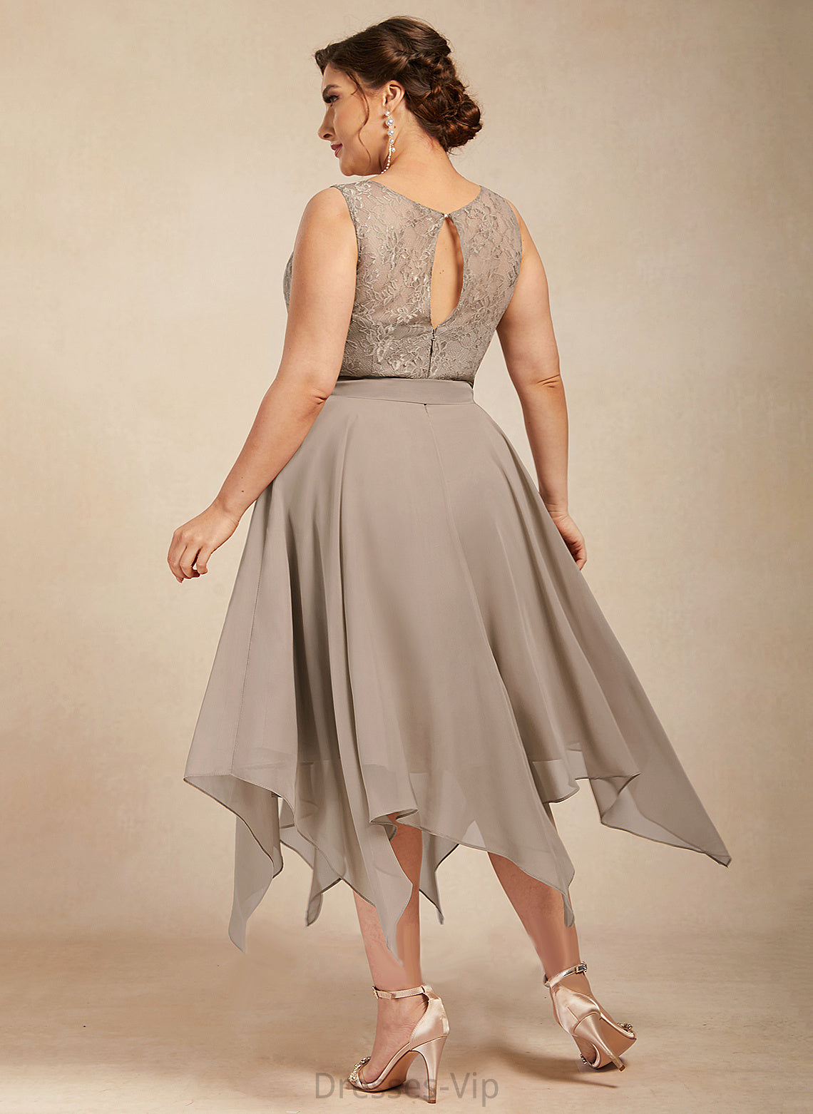 A-Line Bow(s) Tea-Length Ansley With Lace Neck Dress Chiffon Cocktail Cocktail Dresses Scoop