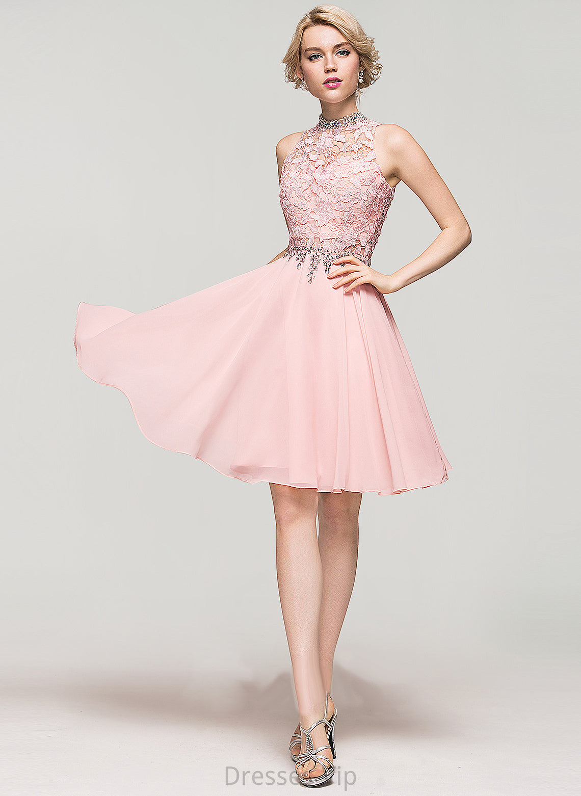 Homecoming Chiffon Neck With High Chelsea Knee-Length A-Line Beading Sequins Homecoming Dresses Lace Dress