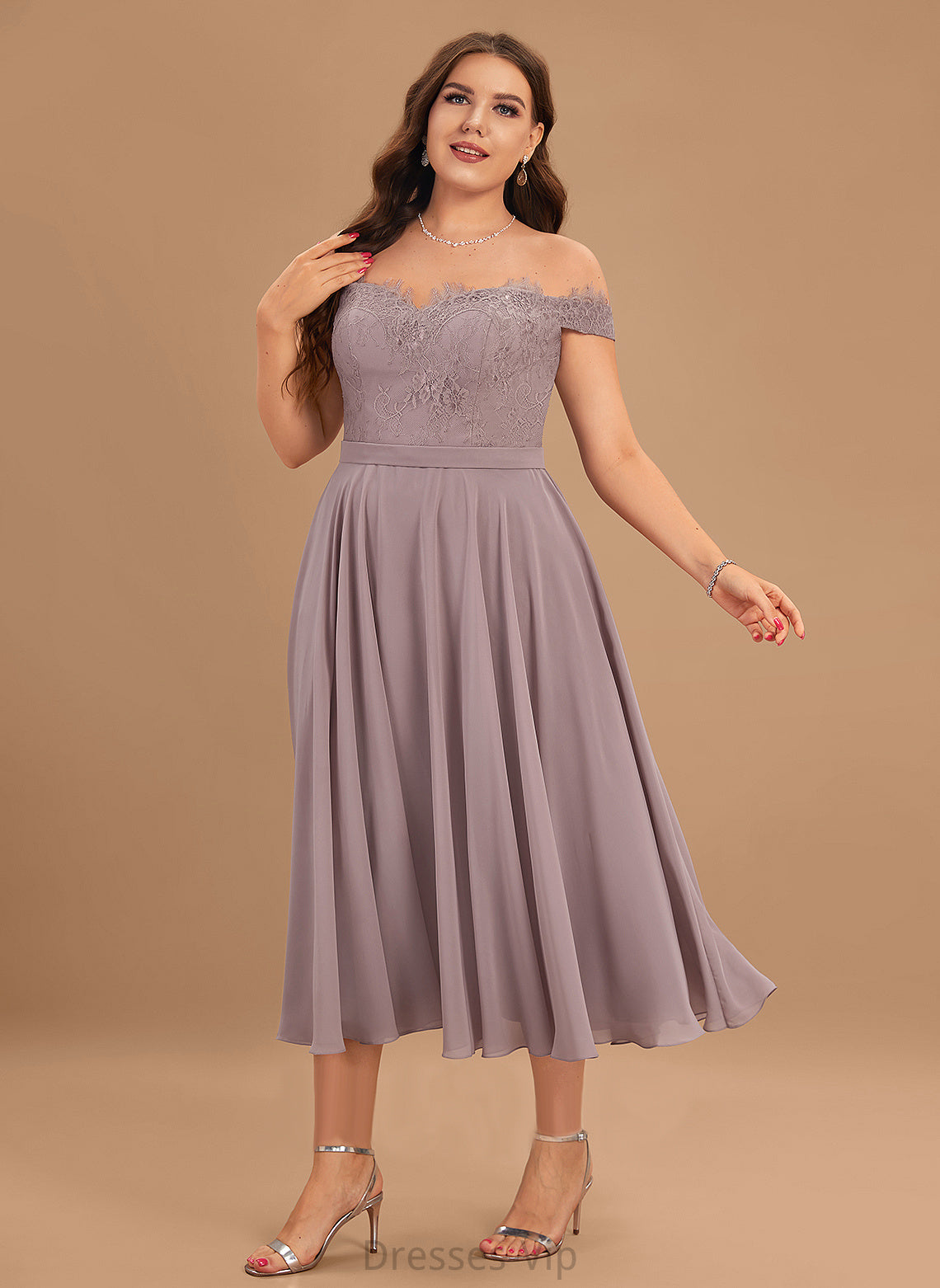 Lace A-Line Fernanda Chiffon Dress Tea-Length Cocktail Dresses Cocktail Beading With Off-the-Shoulder