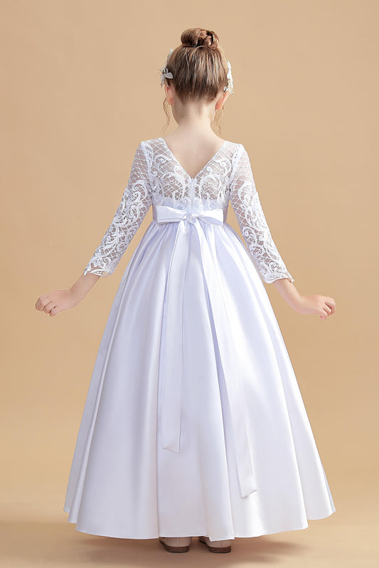 Round Neck White Satin Long Sleeves Flower Girl Dresses With Bowknot