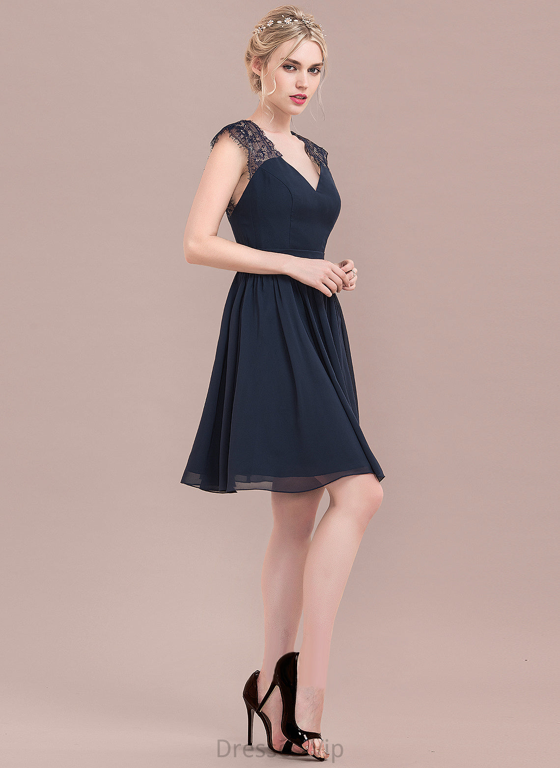 Dress Cocktail Knee-Length Kara Lace Chiffon A-Line V-neck Cocktail Dresses