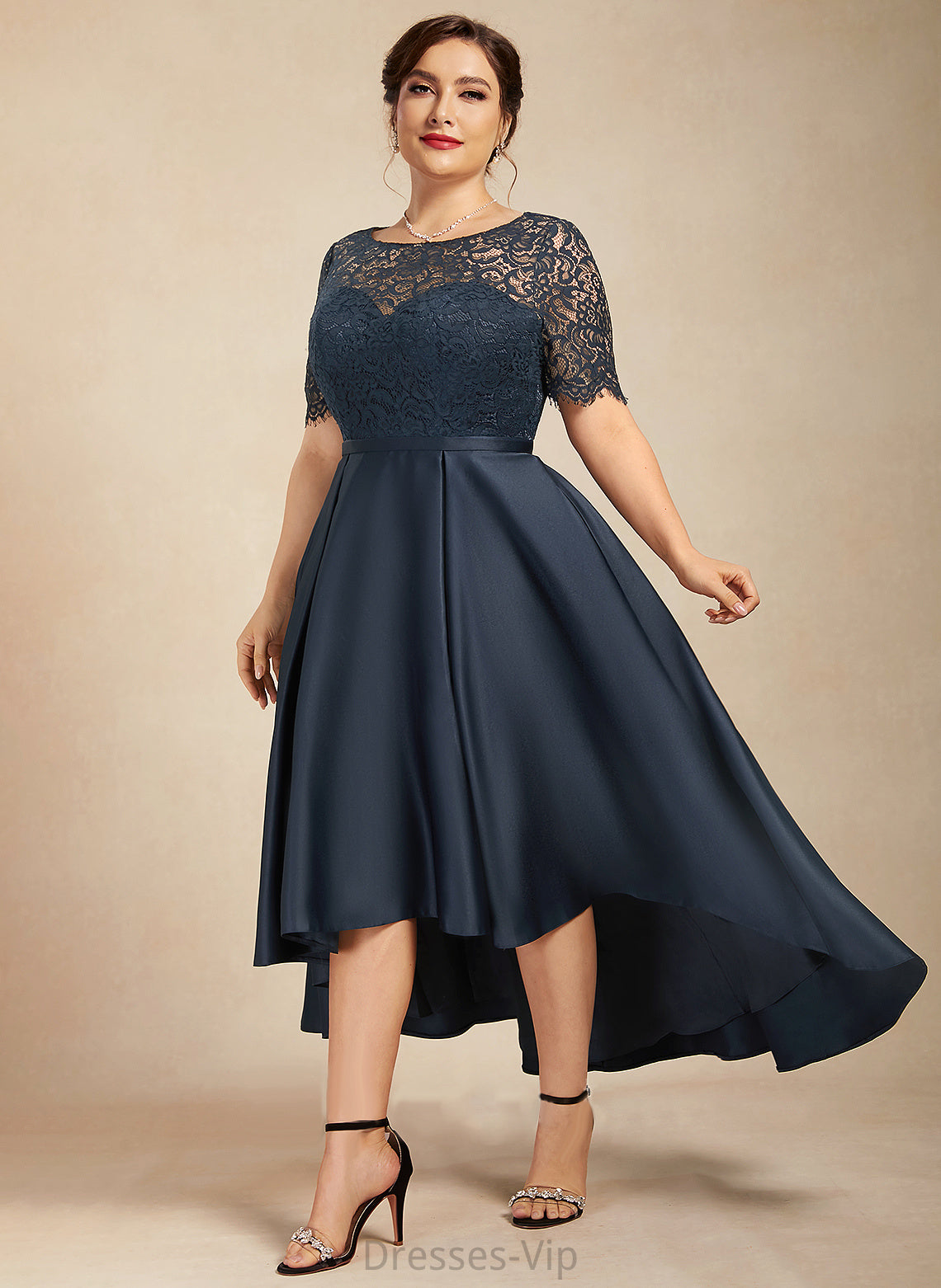 Gemma Satin With A-Line Lace Pockets Cocktail Dresses Dress Scoop Asymmetrical Neck Cocktail