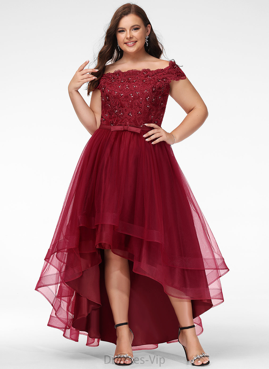 Brylee Off-the-Shoulder Lace Tulle Asymmetrical Bow(s) Beading Dress With Cocktail A-Line Lace Cocktail Dresses