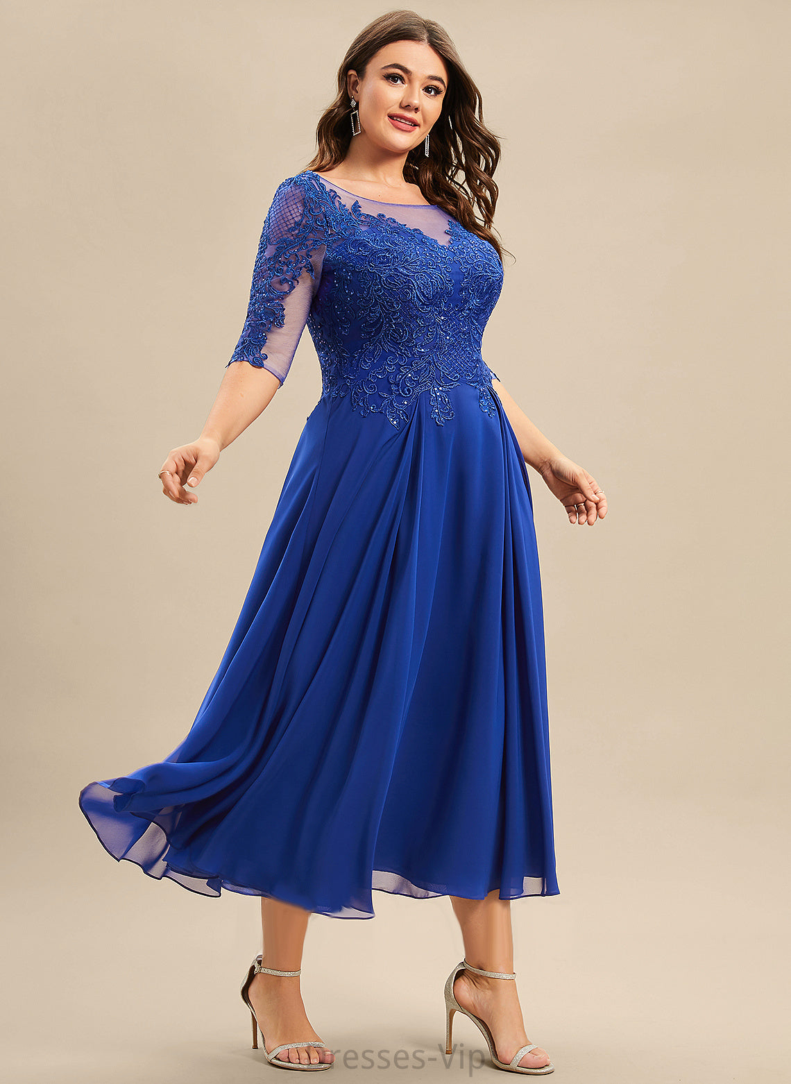 Tea-Length Dress Lace With Neck Cocktail Cocktail Dresses Sequins Scoop Aliana Chiffon A-Line