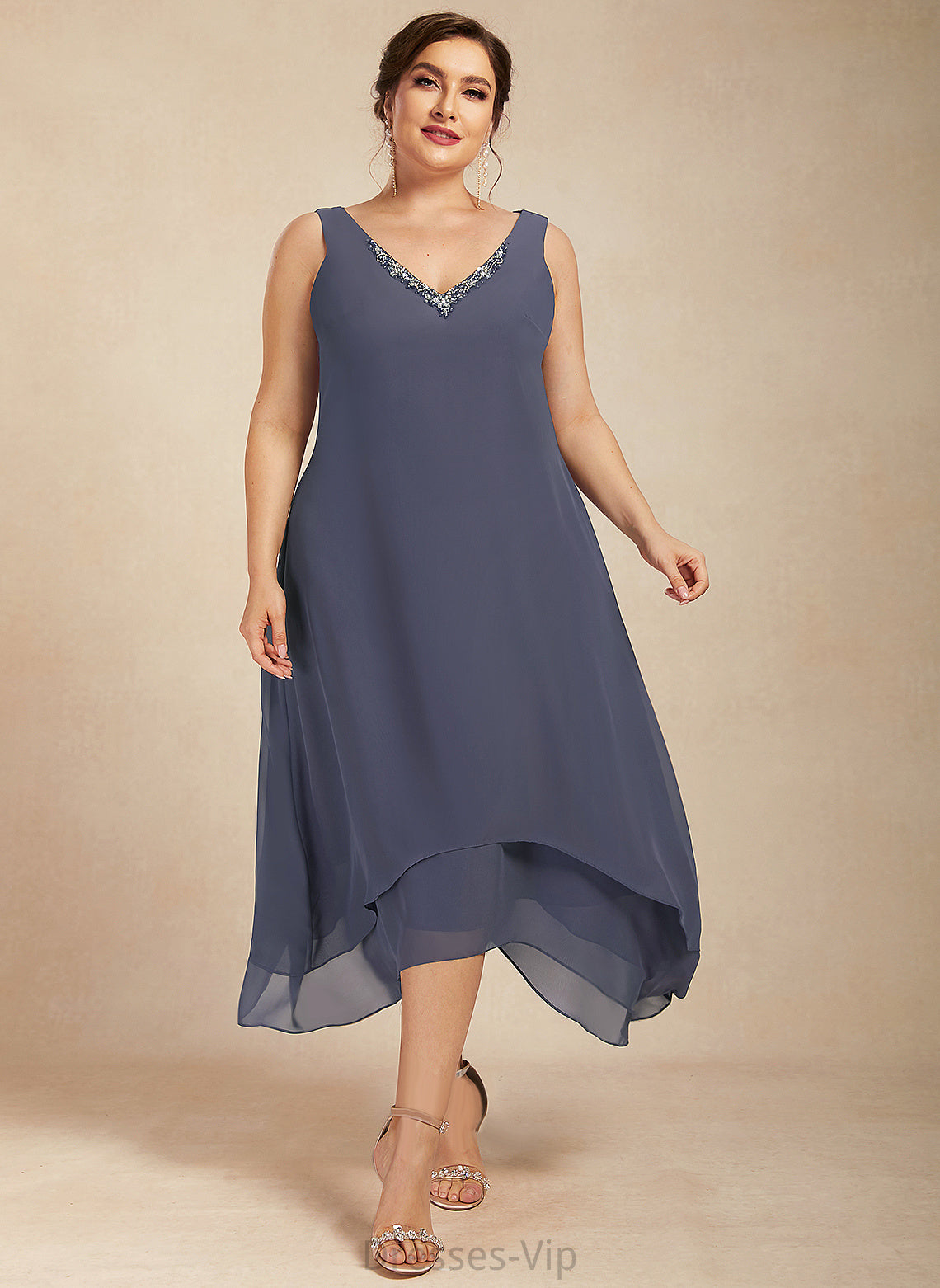 V-neck Cocktail Chiffon Beading Ankle-Length Cocktail Dresses A-Line Elaina Dress With