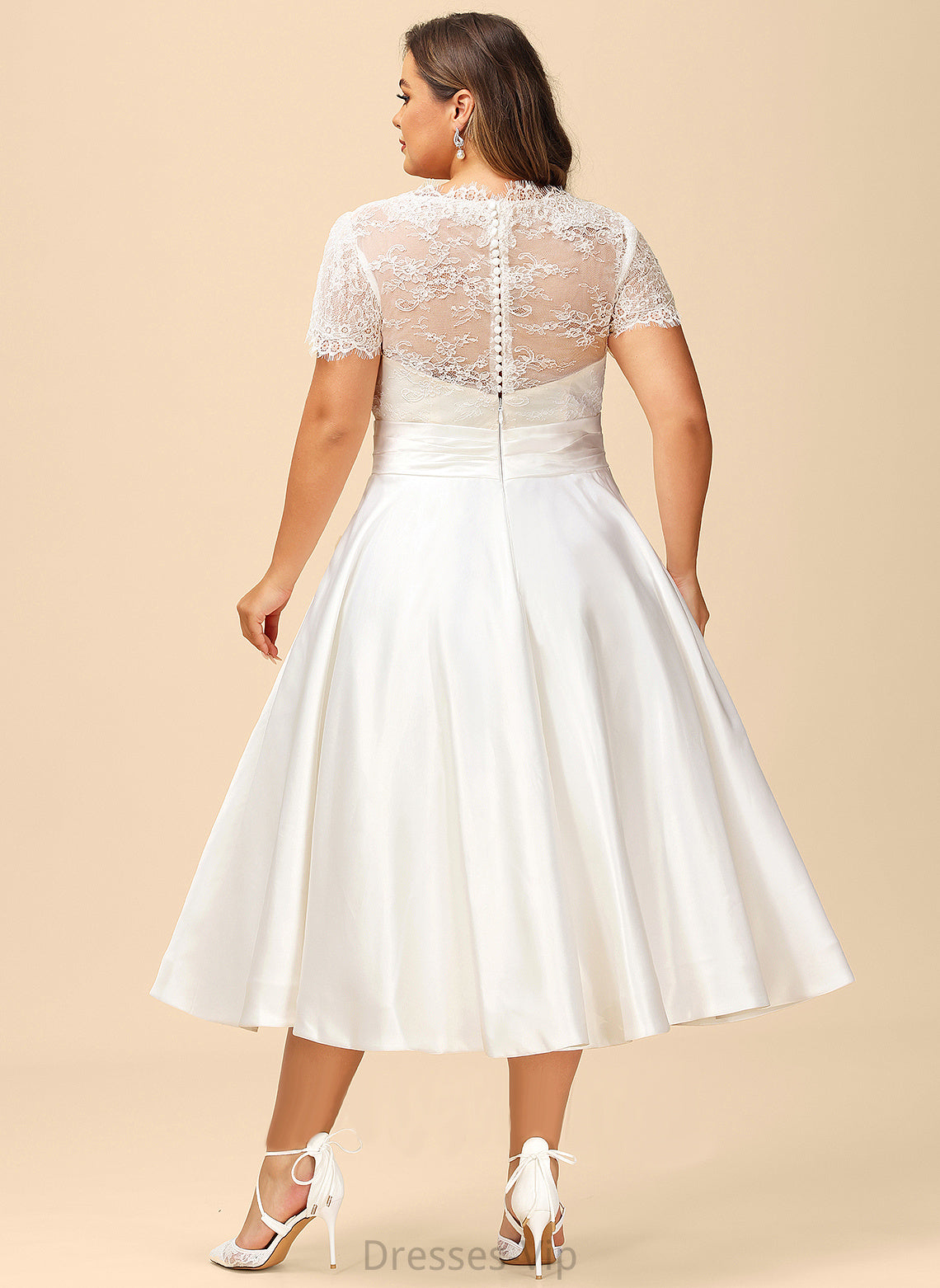 Tea-Length With Dress Patience Satin Ruffle Lace V-neck Wedding A-Line Wedding Dresses