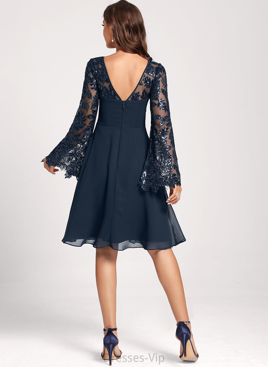 Knee-Length Sequins Lace Cocktail Scoop Dress Lila Club Dresses Neck With A-Line Chiffon