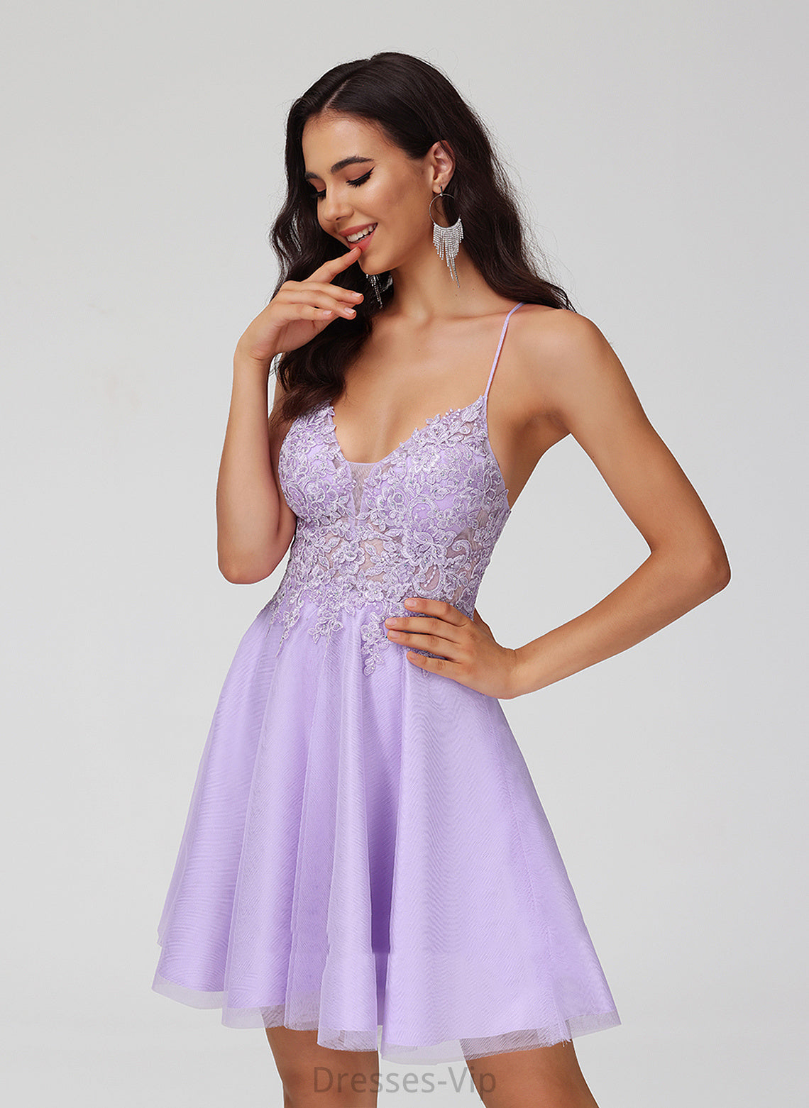 Lace Ginny Tulle A-Line Dress Short/Mini Homecoming Dresses V-neck With Homecoming Beading