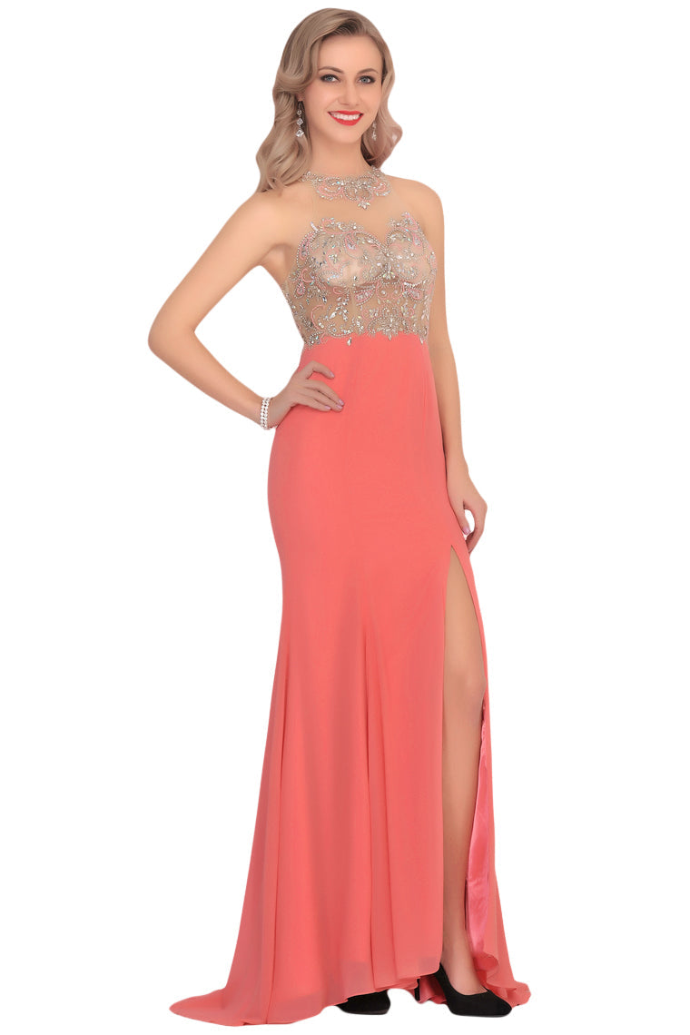 2024 Mermaid Scoop Chiffon Prom Dresses With Beads And Slit