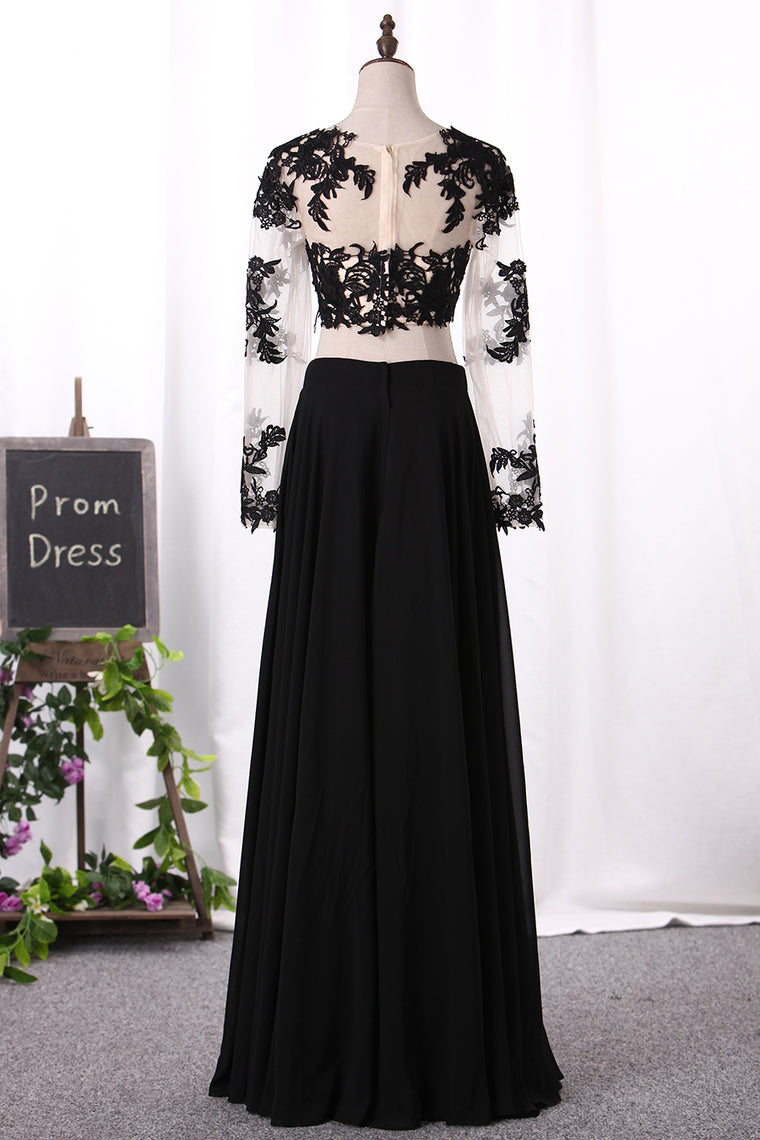 2024 Two-Piece Scoop Long Sleeves Prom Dresses A Line Chiffon With Applique