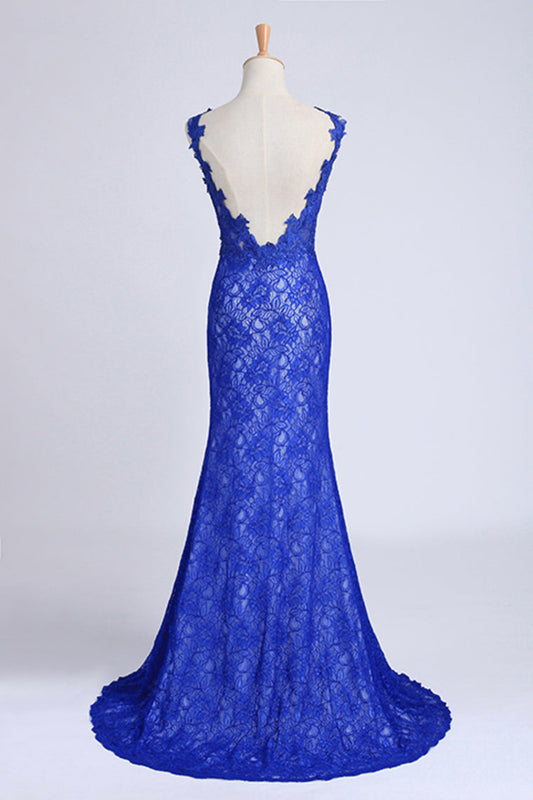 2024 Evening Dresses Bateau Mermaid With Deep V Shape Back Lace&Tulle Dark Royal Blue