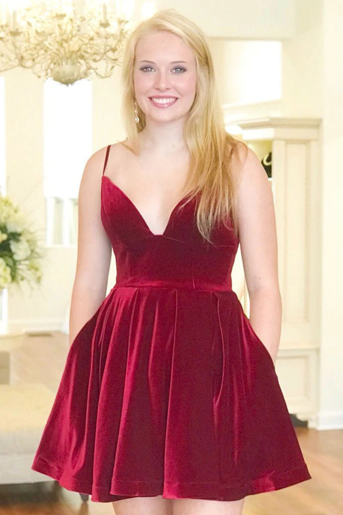 A- Line Burgundy Spaghetti Straps V-Neck Velvet Short Homecoming Dresses