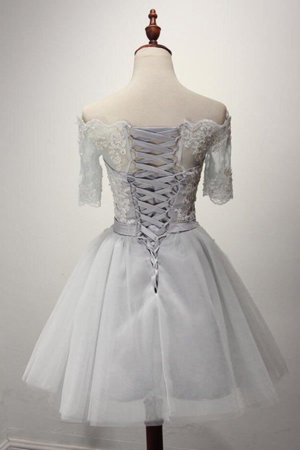 Light Gray Off Shoulder Appliques Lace Short Homecoming Dresses