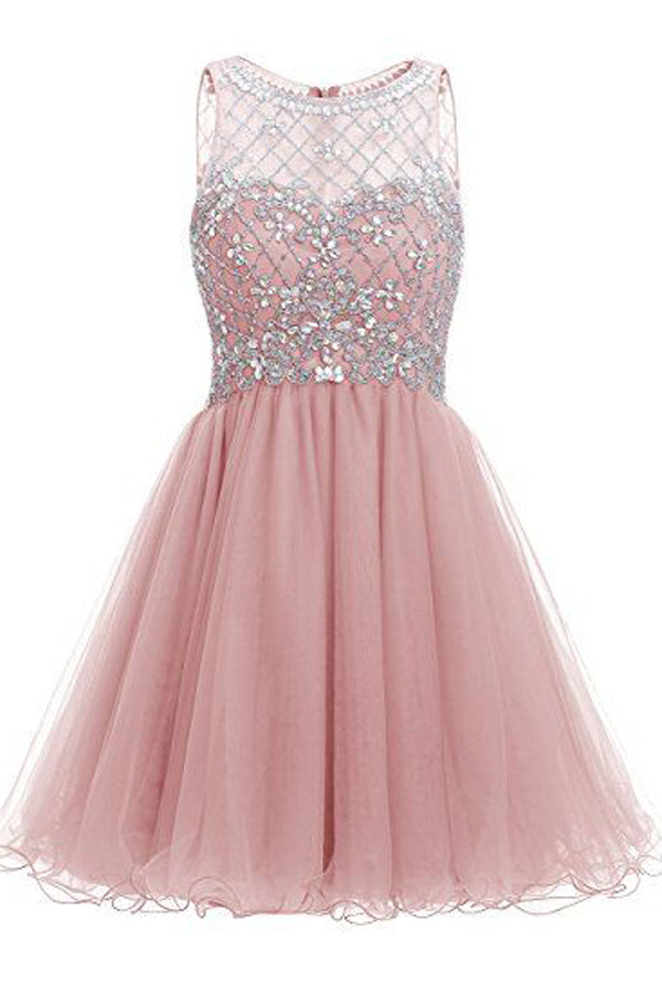 Cute Sleeveless Tulle Sheer Beading Short Homecoming Dresses