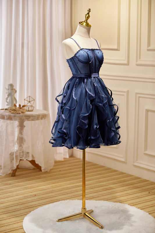 Navy Blue Spaghetti Straps Beading Tulle Short Homecoming Dresses