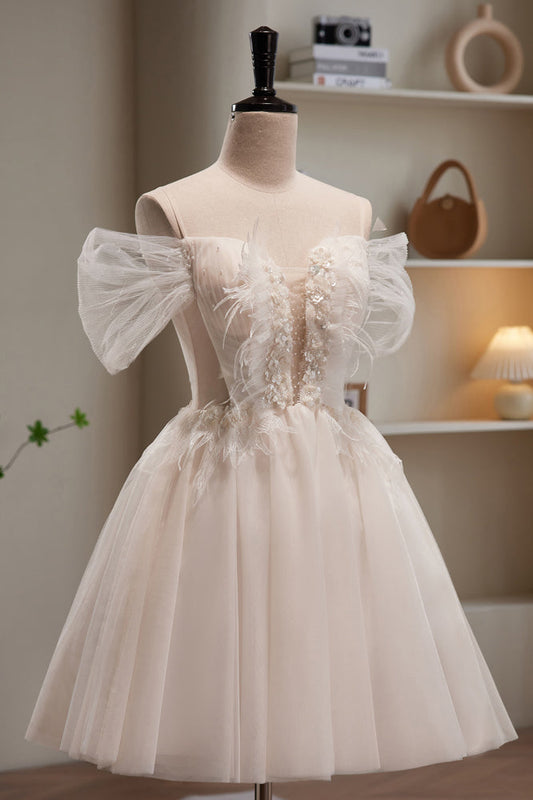 Chic Ivory Off The Shoulder Beading Tulle Short Homecoming Dresses