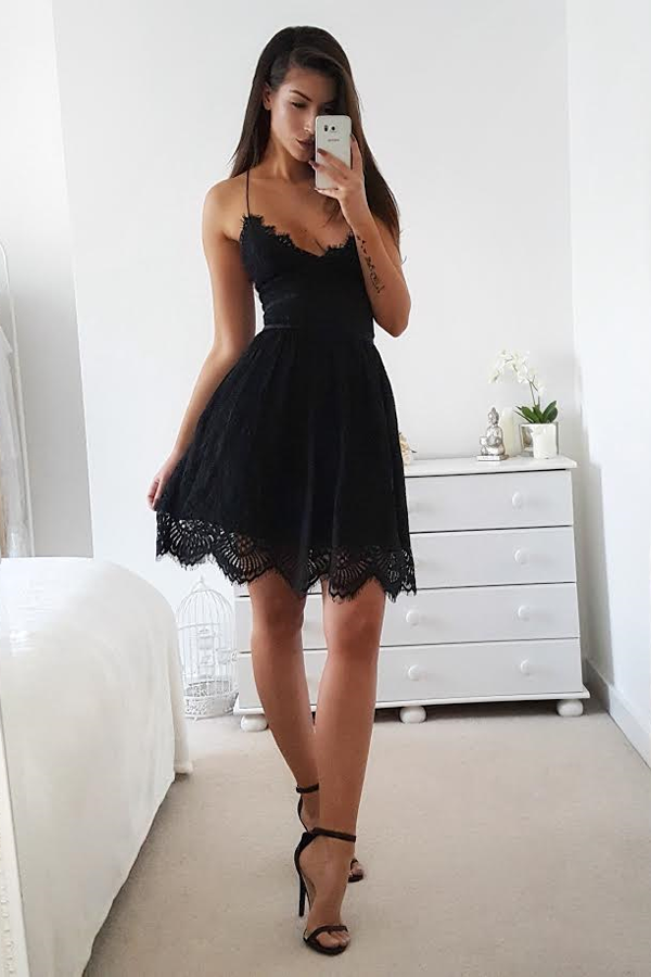 Black Sleeveless A Line Open Back Short Homecoming Dresses