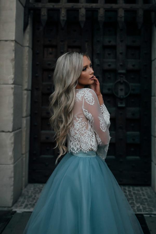 Two-Piece Long Sleeves Knee-Length Homecoming Dresses with Lace