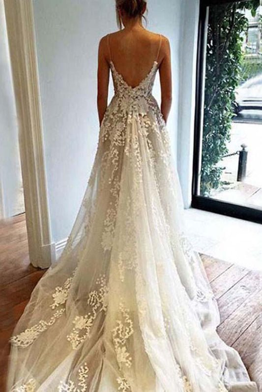 Spaghetti A-line Straps Floor-length Sleeveless Tulle Wedding Dresses