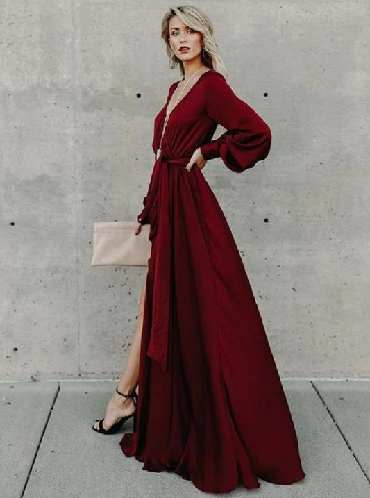 Simple A-line Burgundy Long Sleeve Long Prom Dresses