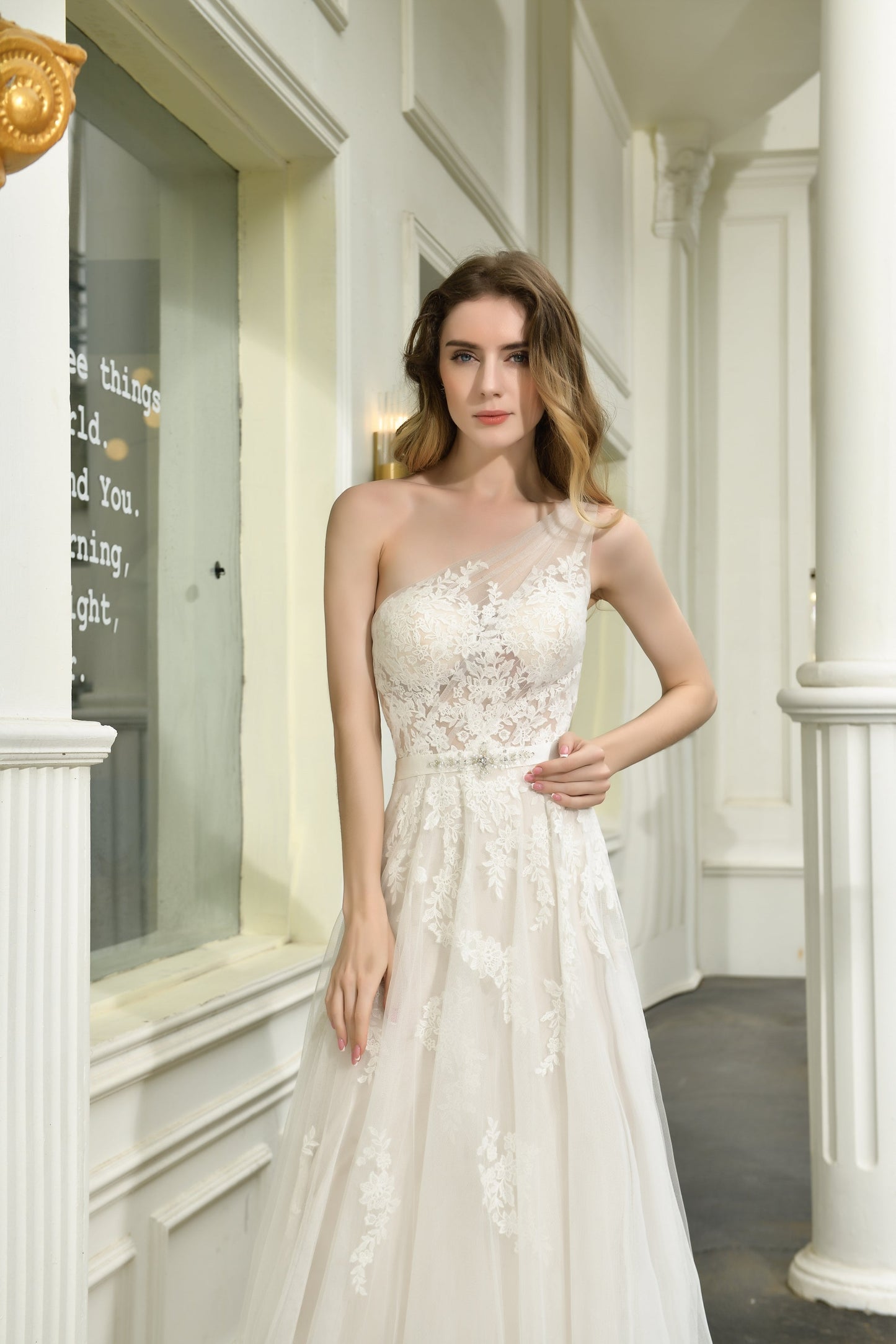 Elegant One Shoulder Sleeveless Tulle Appliques Wedding Dresses