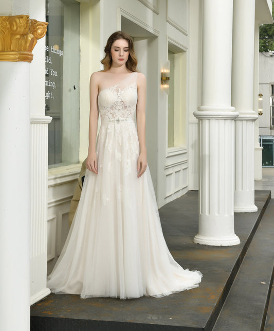 Elegant One Shoulder Sleeveless Tulle Appliques Wedding Dresses